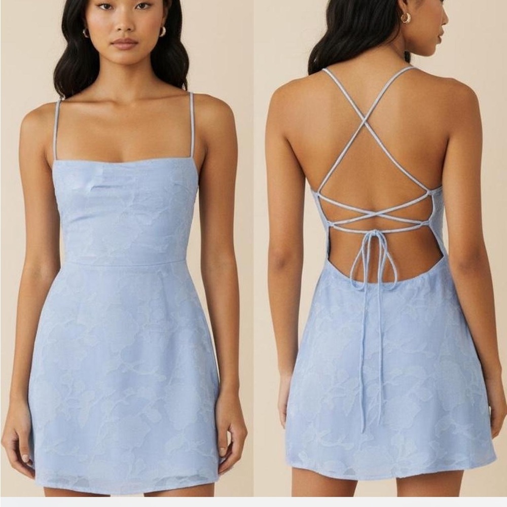 Princess Polly Light Blue Burn Out Mini Dress With Ties in the Back.